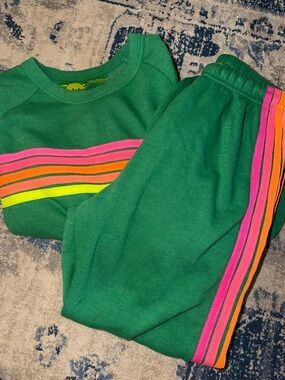 Aviator Nation Green Sweatshirt & Joggers with Pink, Orange & Yellow Stripes